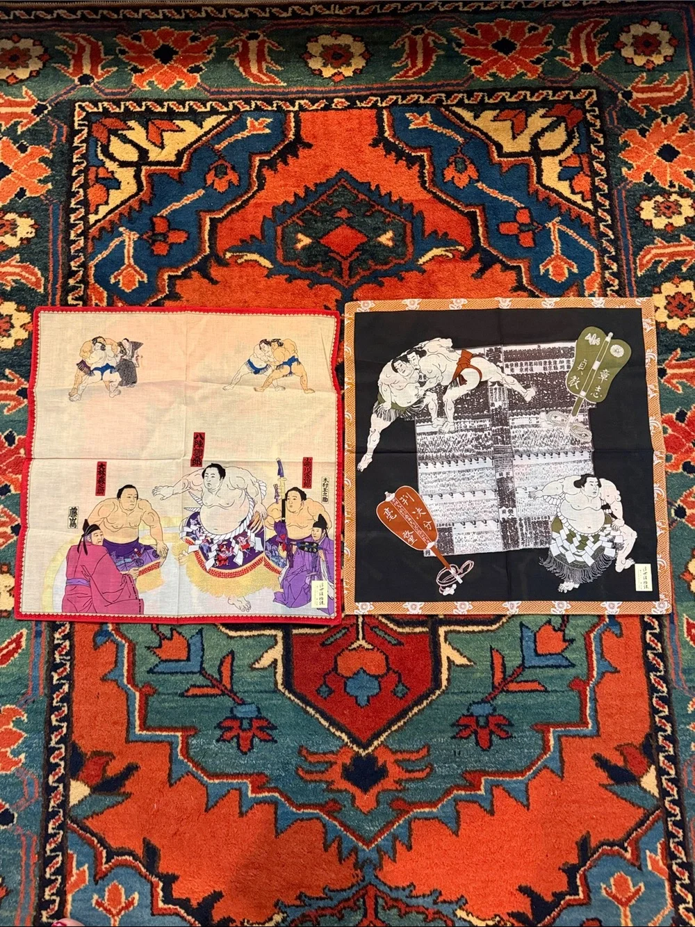 VTG Japanese Sumo Wrestler Ukiyo-E Furoshiki Scarf Set ~Mount Fuji